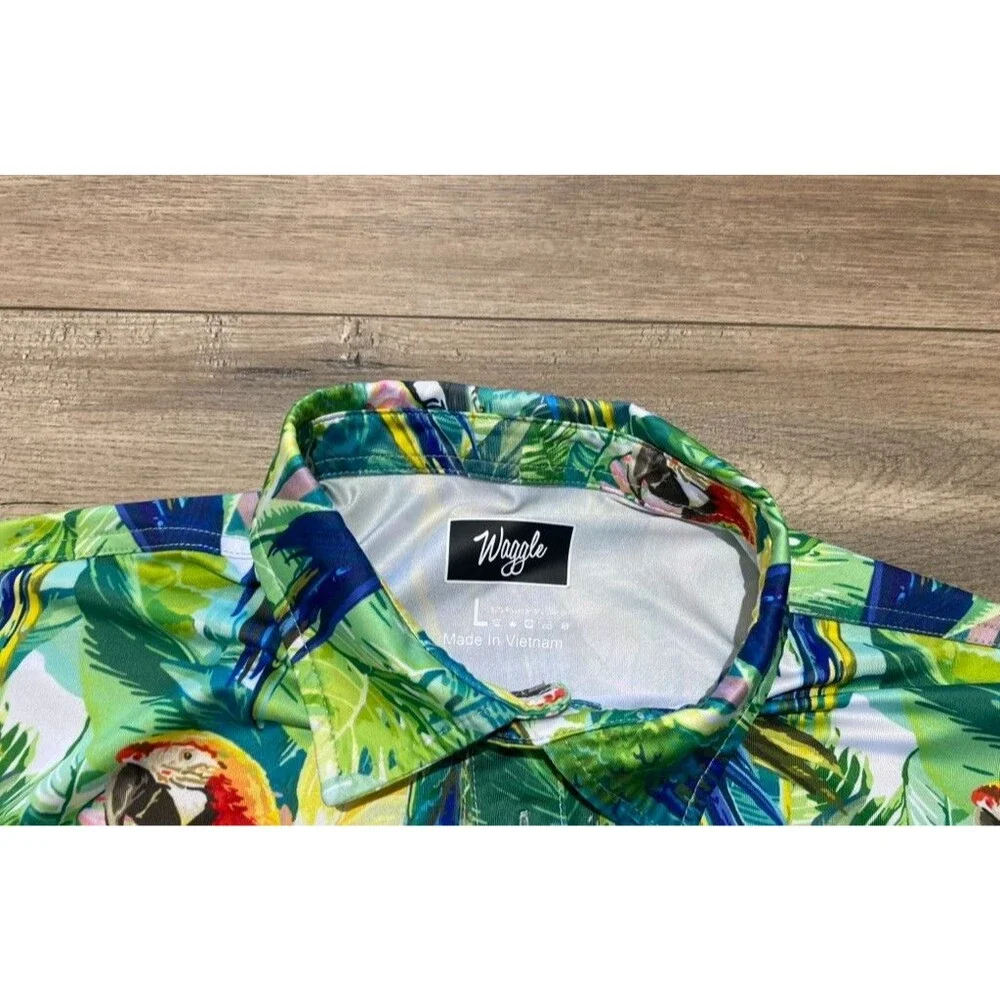 Waggle Golf Polo Shirt Mens L Blue Parrot Floral AOP Performance Stretch Wick - Picture 3 of 7